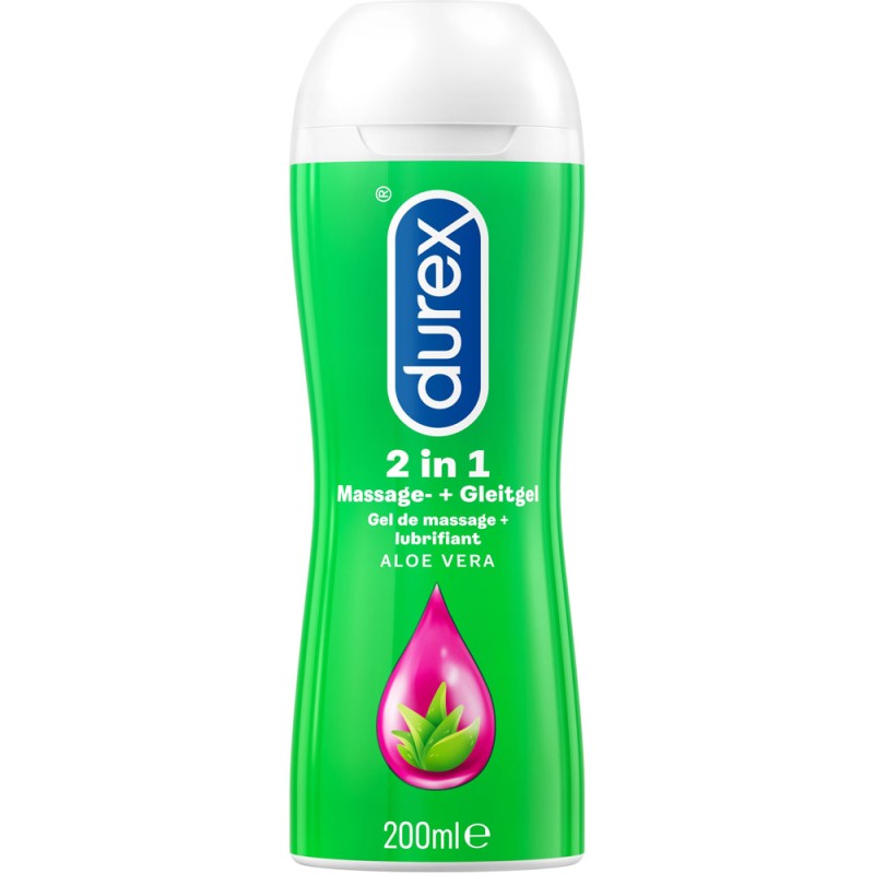 Durex Gleitgel 2-in-1 Massage Gel – Wasserbasiertes Gleitmittel für  sinnliche Liebesmassagen – 2 x 200 ml im Spender (Aloe Vera und Guarana)